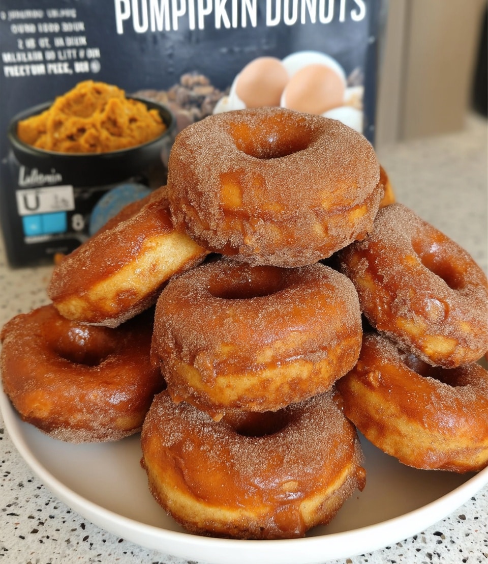 Pumpkin donuts coated in cinnamon sugar on wire rack