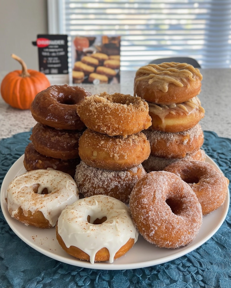 Pumpkin donuts arranged on rustic fall-themed platter