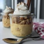Pumpkin fluff dessert in glass with cinnamon topping