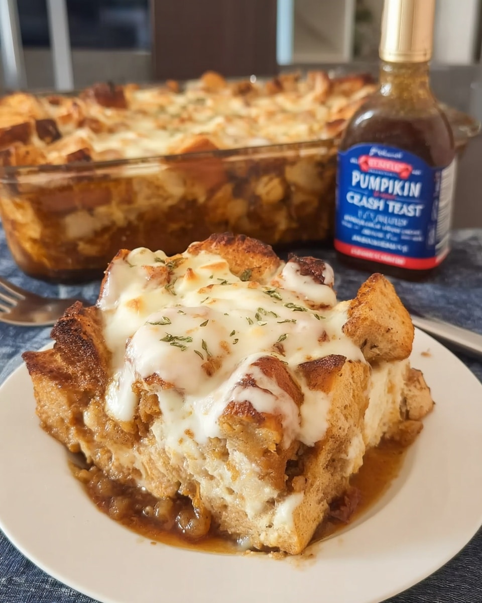 Pumpkin french toast casserole in white baking dish with golden streusel