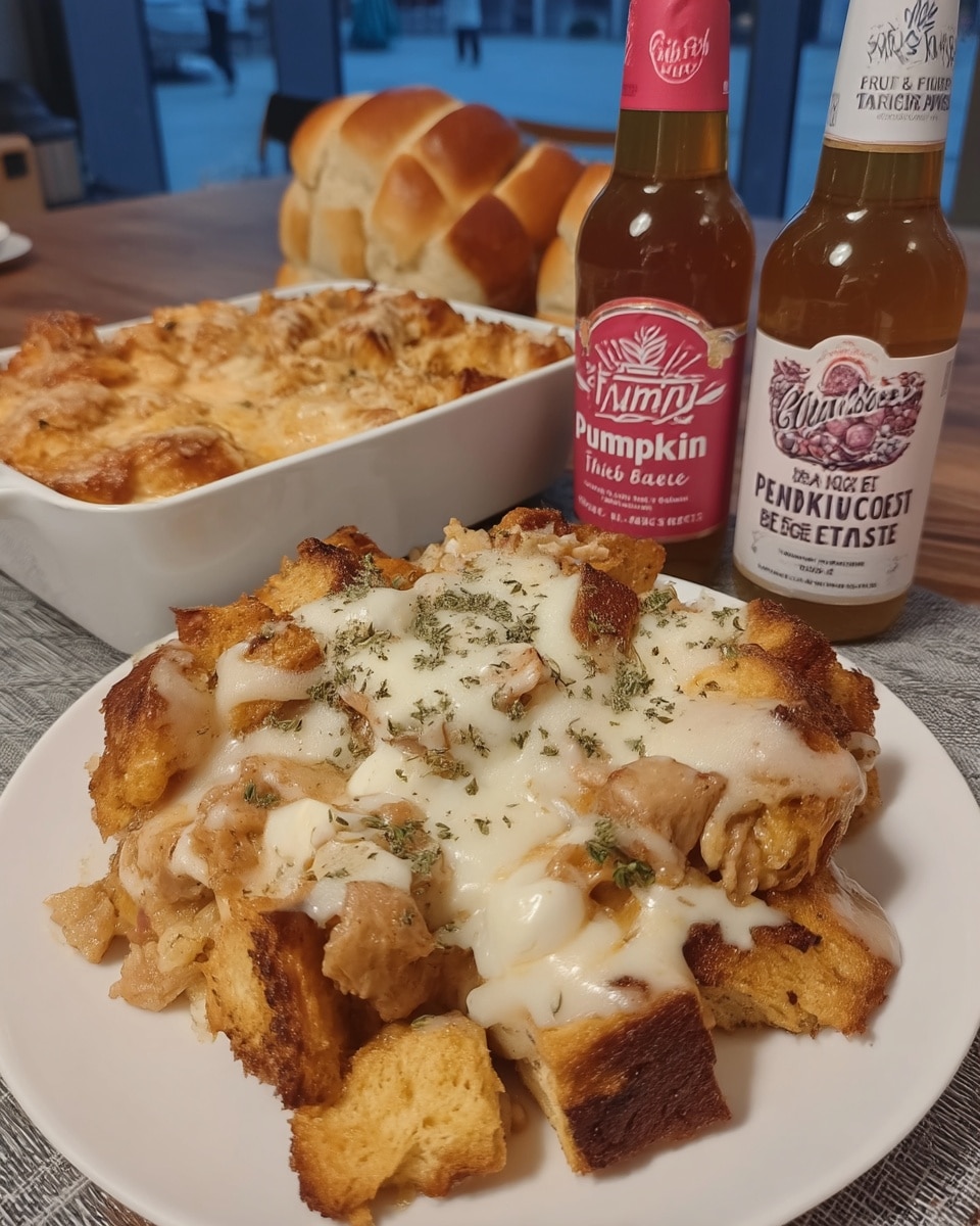 Pumpkin french toast casserole on brunch table with coffee and fruit