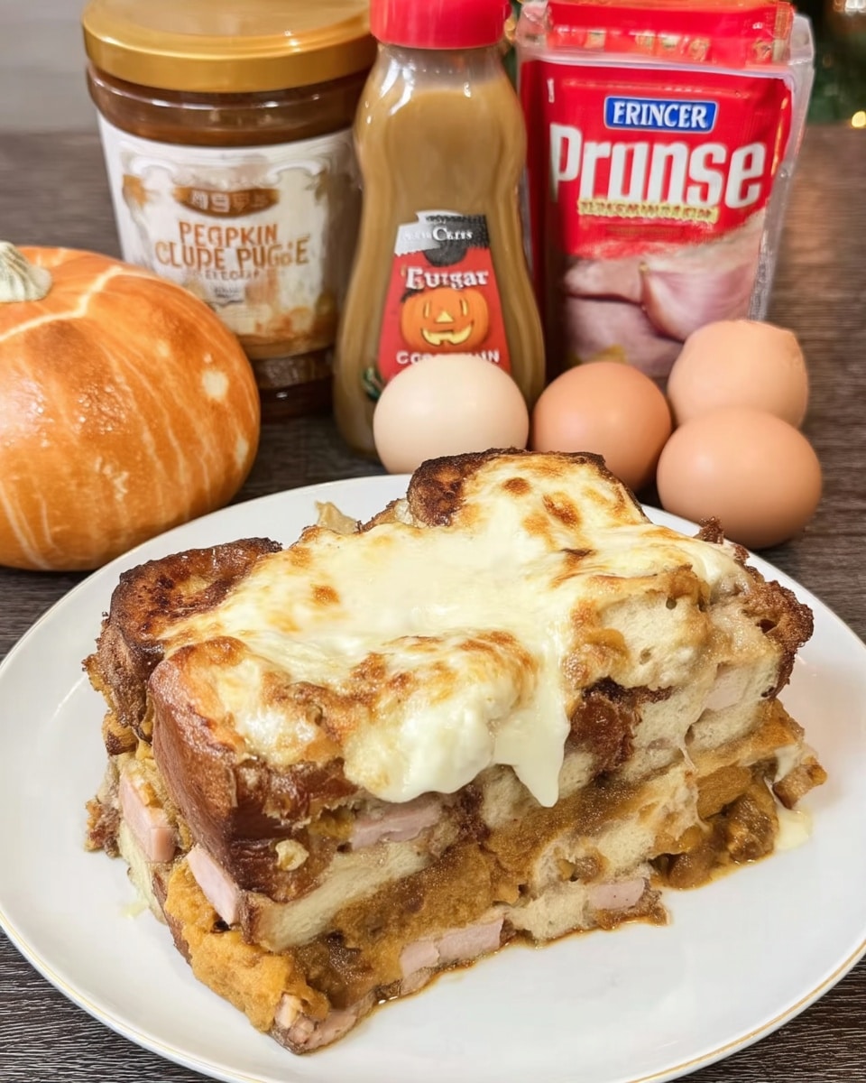 Slice of pumpkin french toast with maple drizzle on ceramic plate