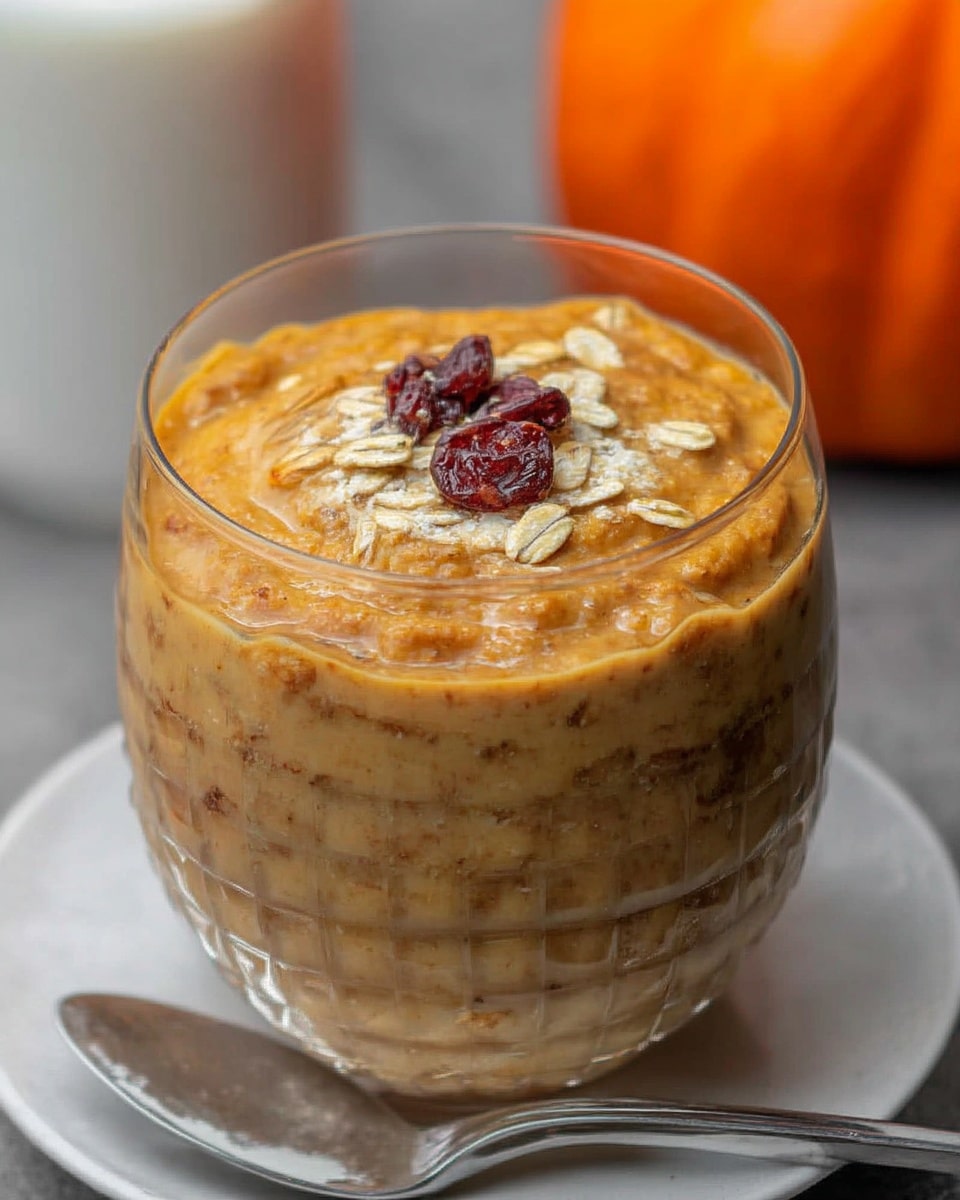 "Two mason jars filled with creamy pumpkin overnight oats topped with crushed graham crackers, sitting on a rustic wooden table with fall-themed decor like mini pumpkins and cinnamon sticks in the background."