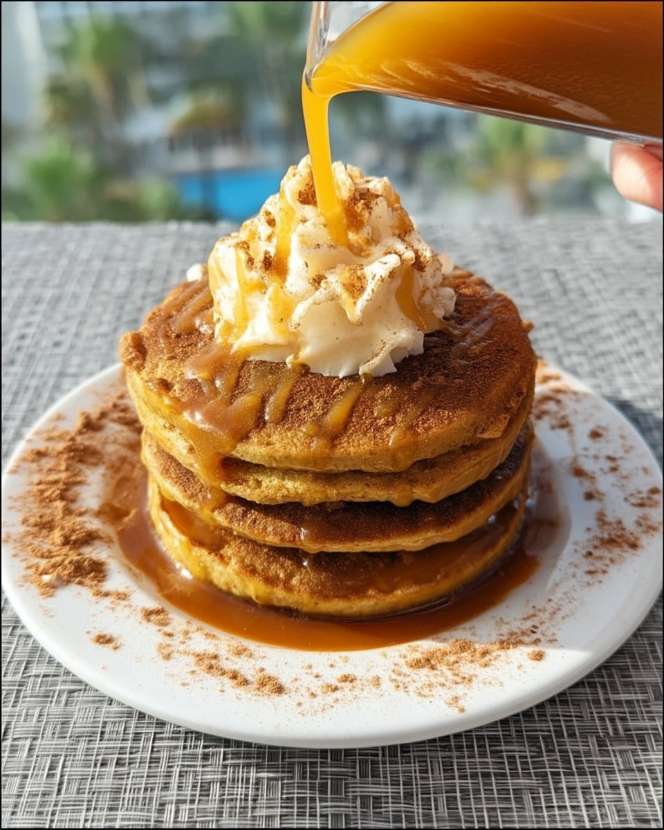 Fall breakfast table with pumpkin pancakes and latte