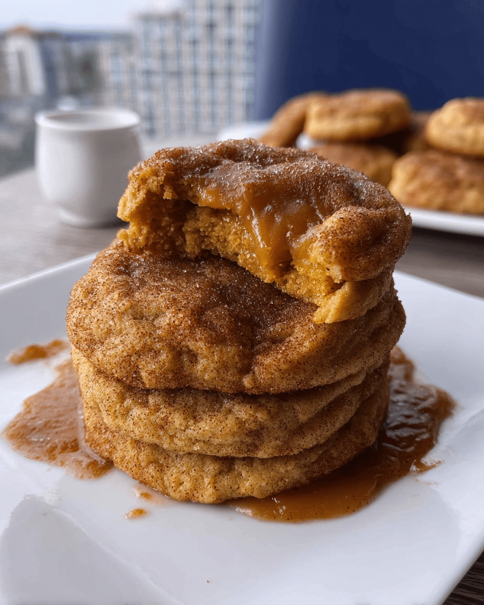 Stack of pumpkin snickerdoodle cookies on a ceramic plate