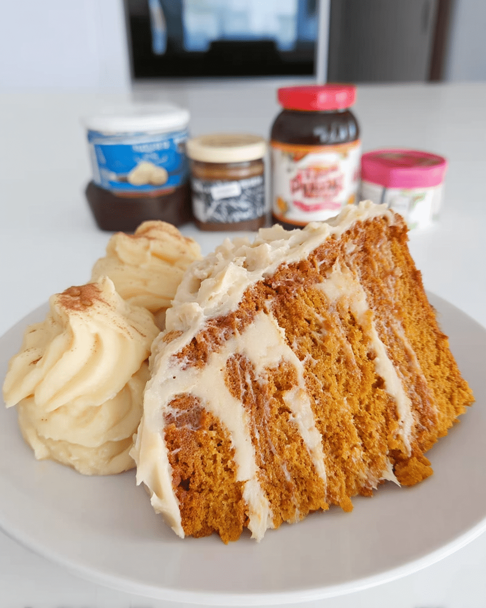 Pumpkin spice cake with brown butter frosting on a plate