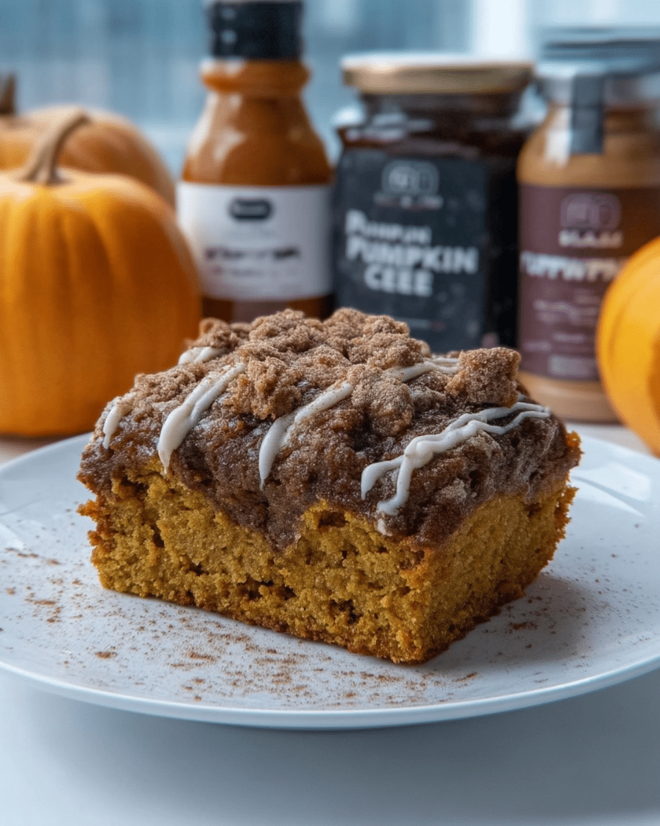 Pumpkin spice coffee cake on rustic table with fall decor