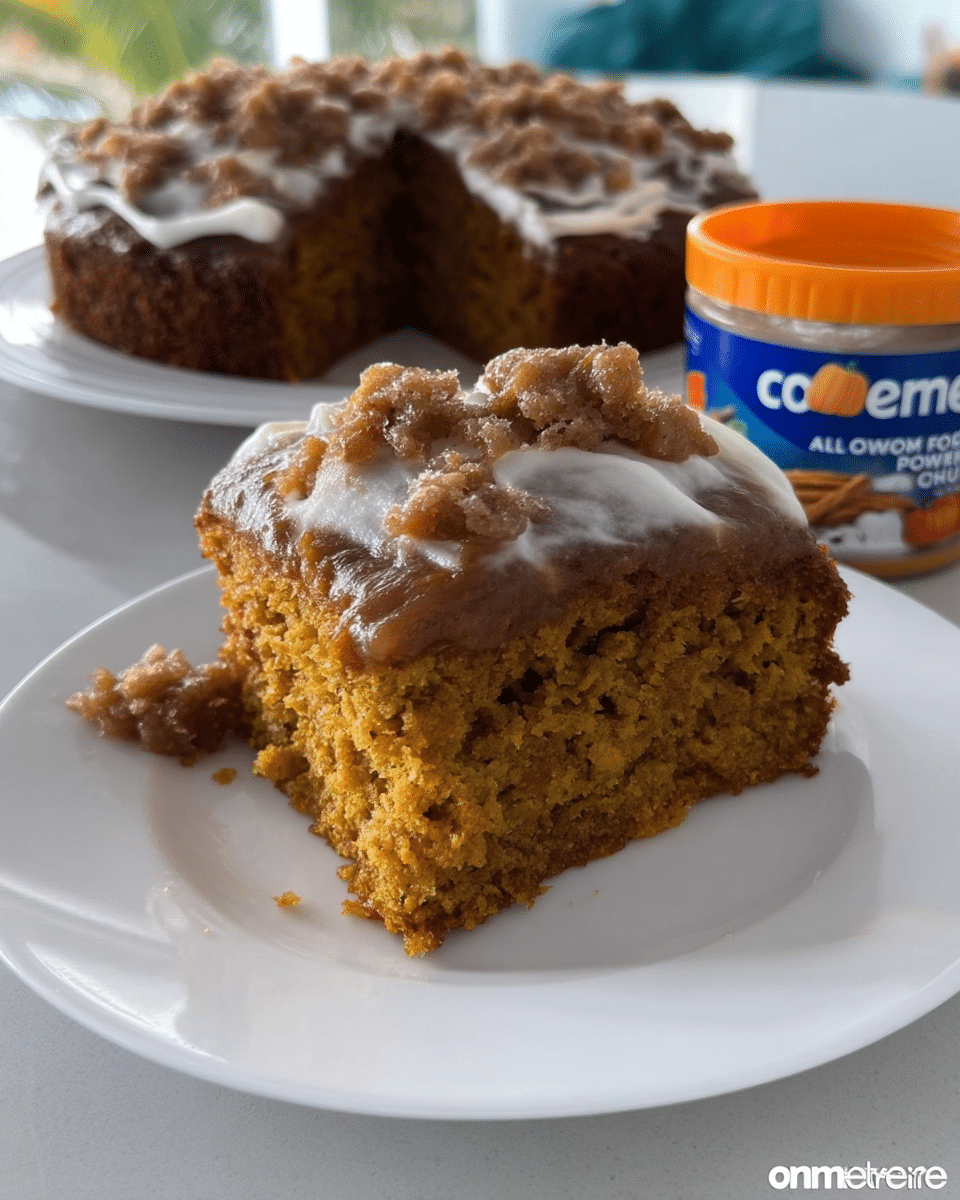 Overhead shot of pumpkin spice cake in square pan
