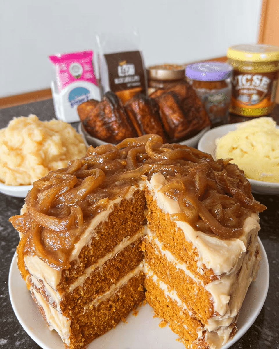 Whole pumpkin spice cake on a wooden table with fall leaves