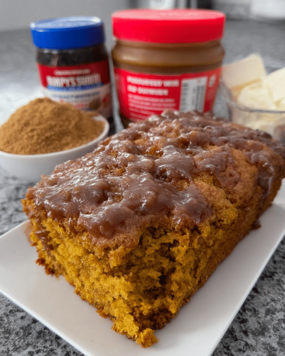 Close-up of moist pumpkin spice cake slice on plate