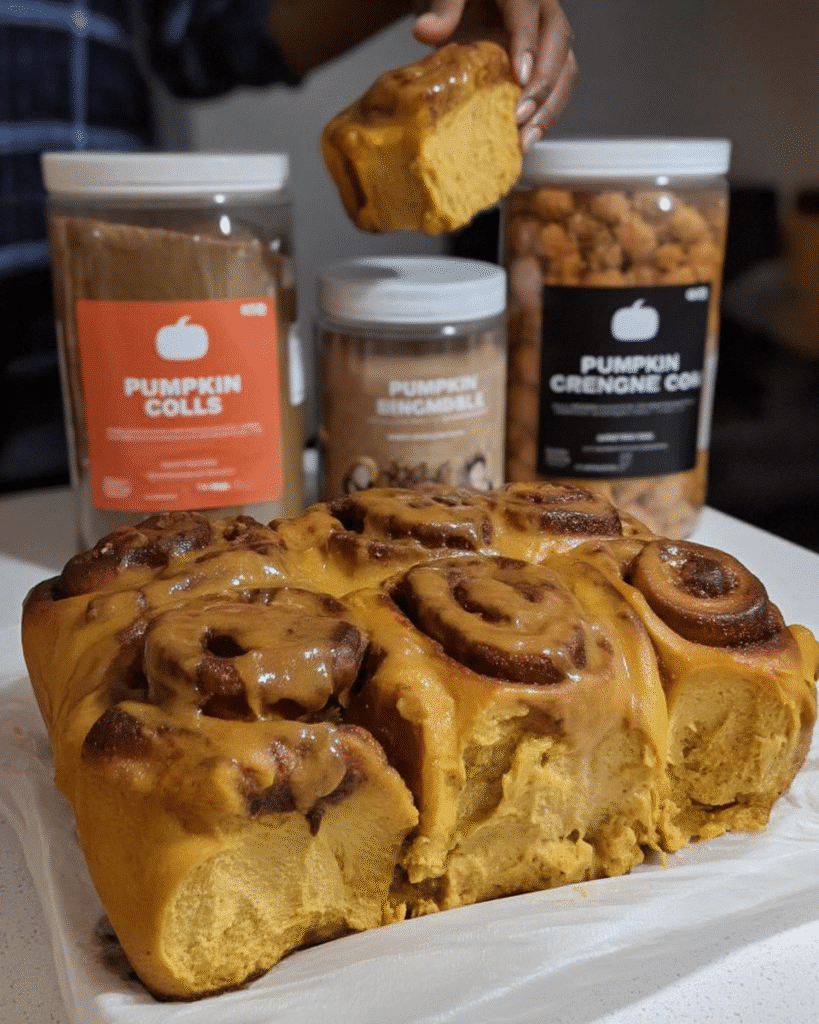 Close-up of sliced pumpkin spice cinnamon roll showing soft texture