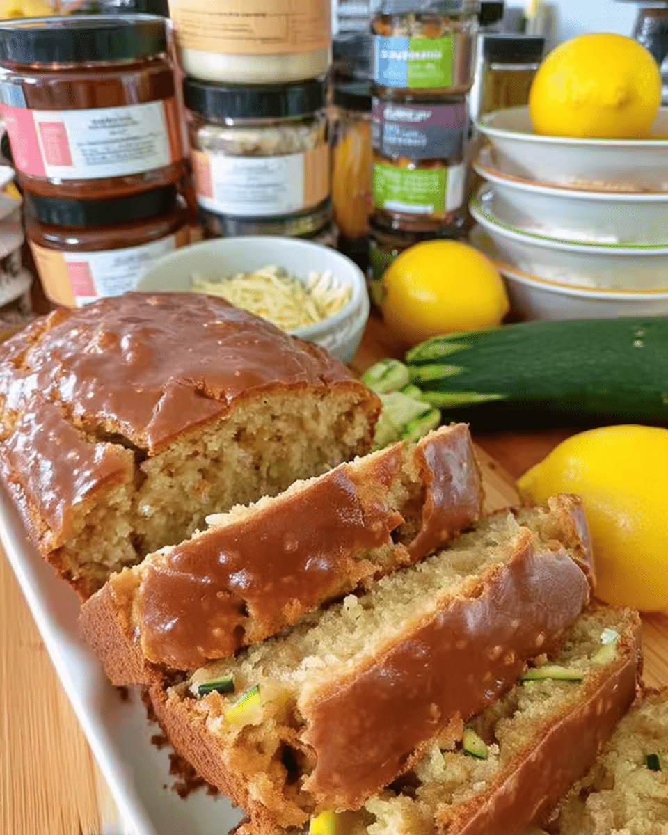 Sliced lemon zucchini bread on white plate with glaze