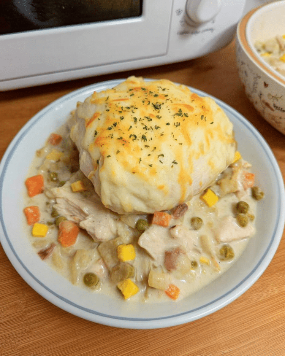 Slow cooker chicken pot pie filling with shredded chicken and veggies