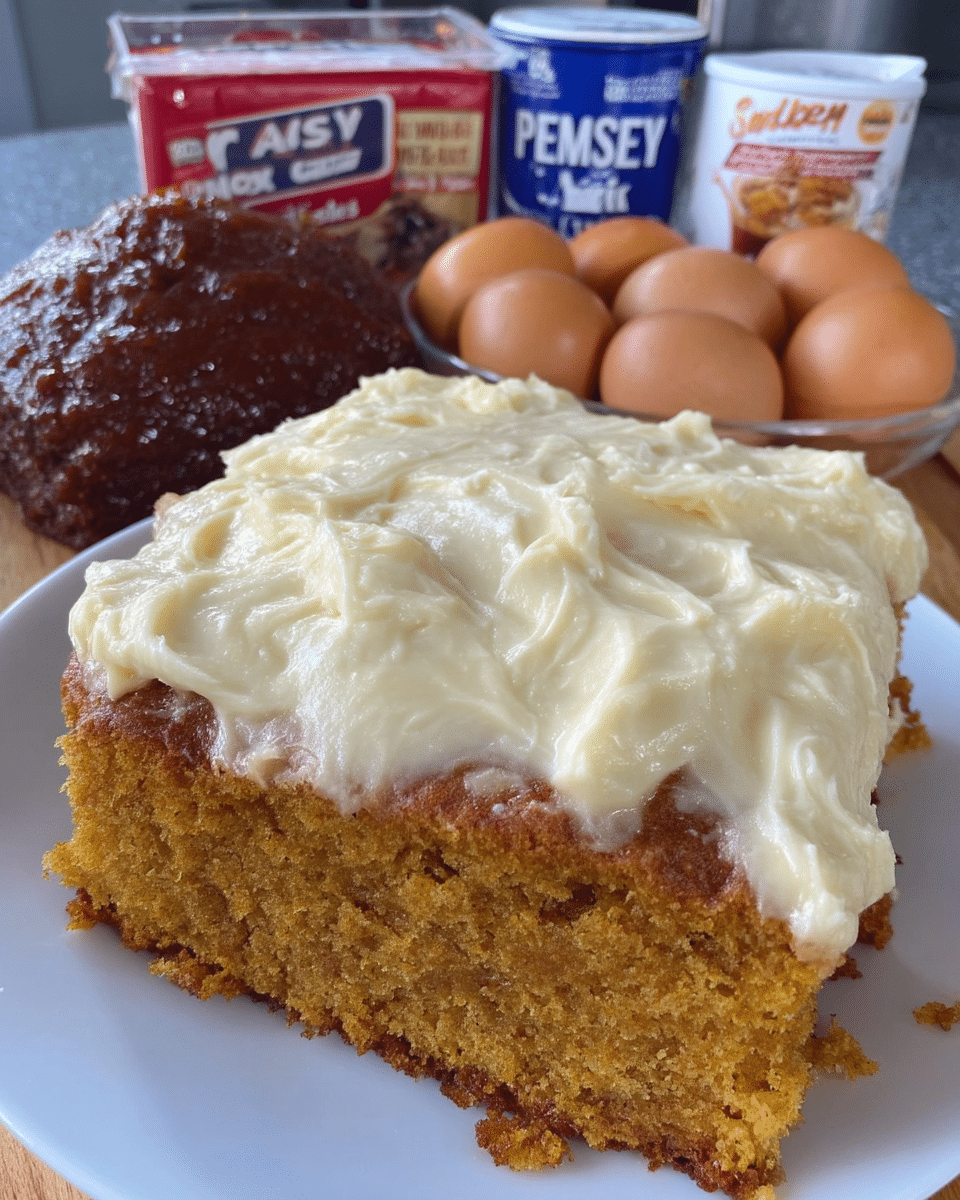 Spice cake mix and pumpkin cake sliced with frosting