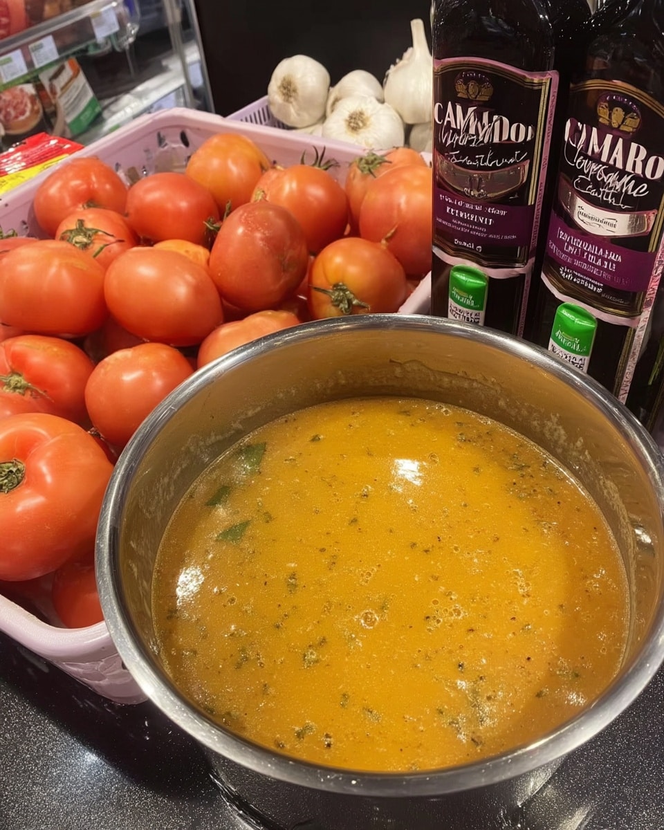 Spoon scooping tomato soup with fresh tomatoes