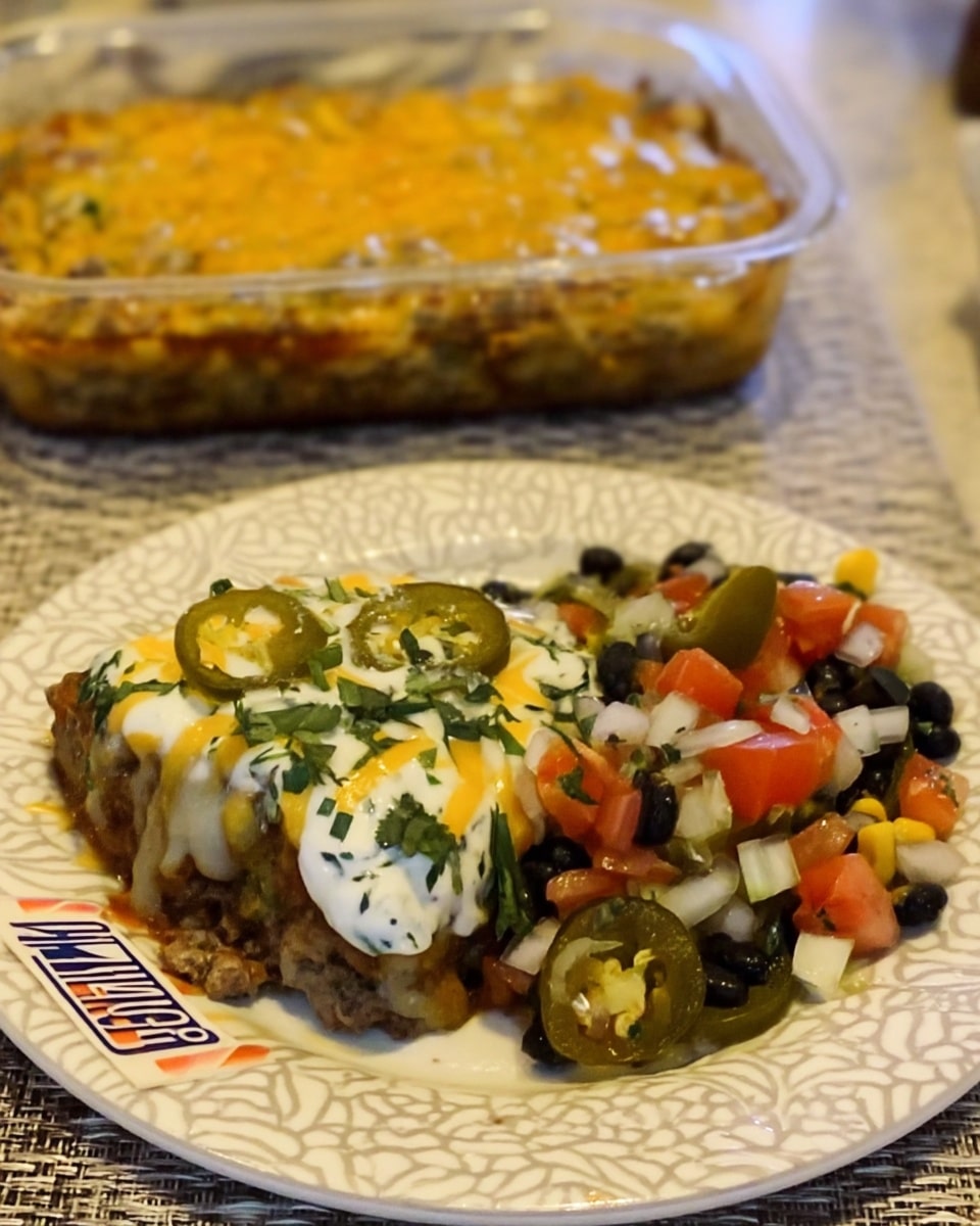 keto taco bake casserole topped with avocado and salsa