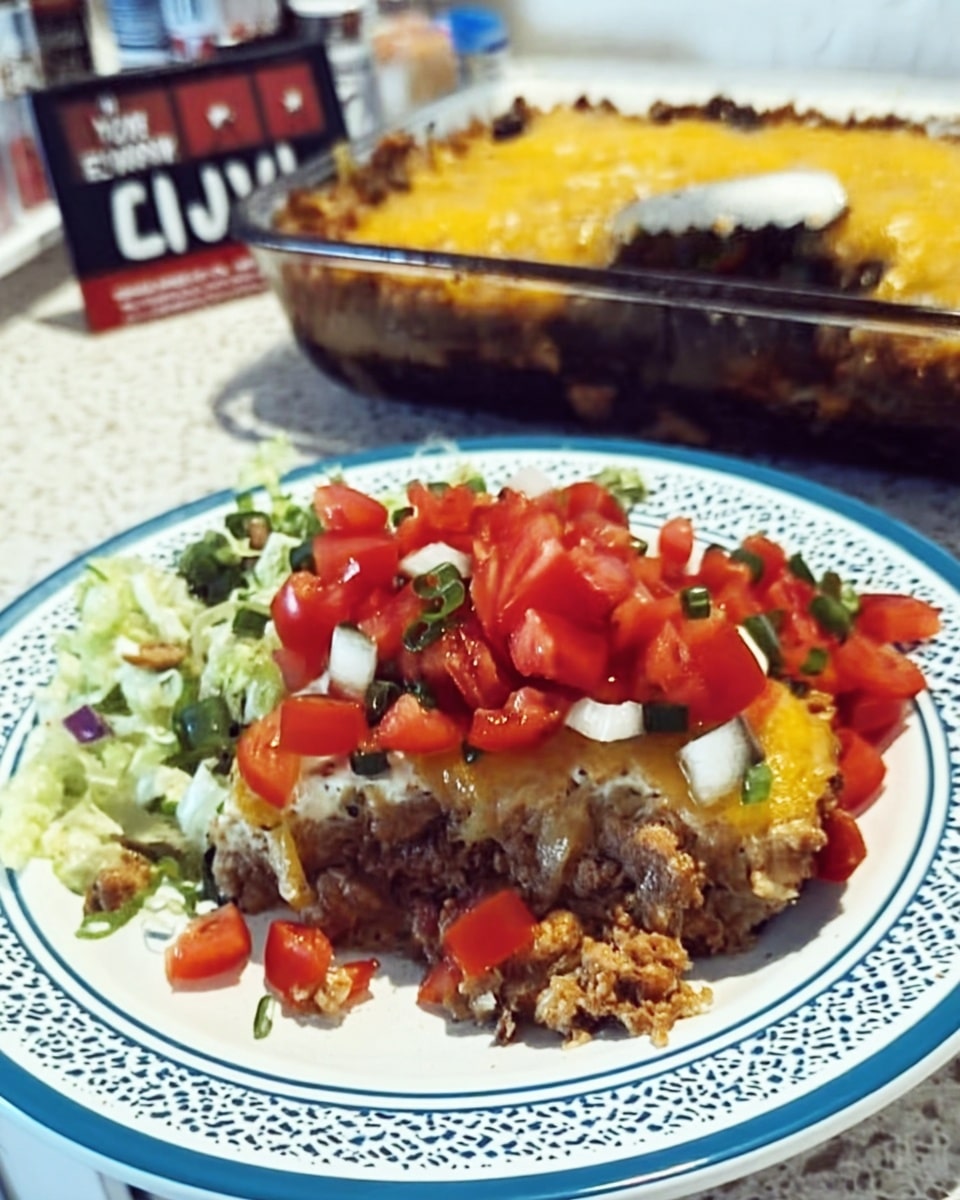 close up of low carb taco casserole slice with layers