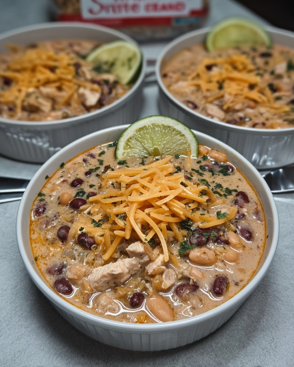 White chicken chili crockpot recipes close-up bowl with shredded chicken