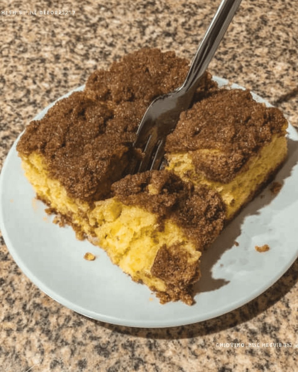 A hand sprinkling streusel topping onto a pumpkin coffee cake batter.