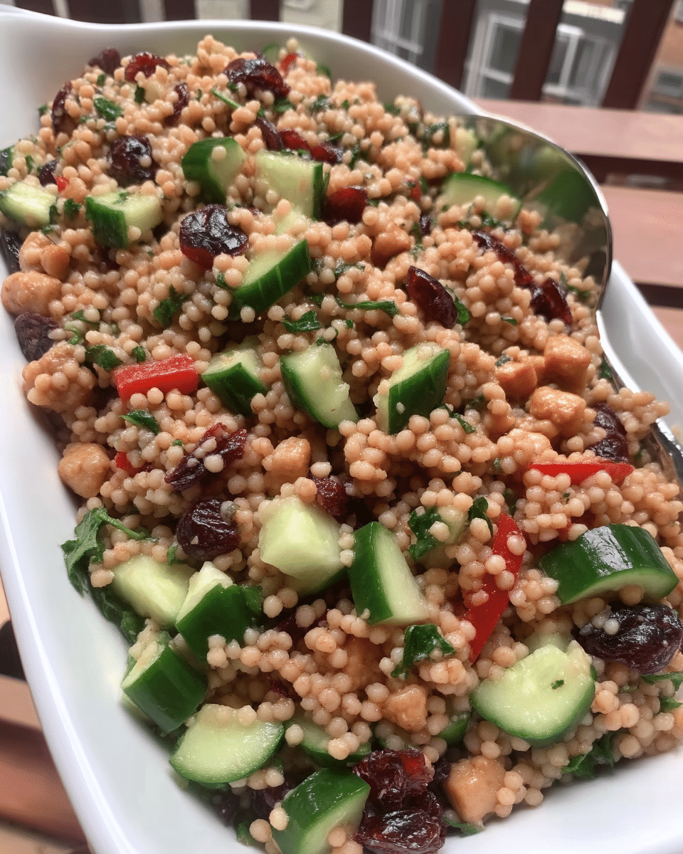 Autumn Pearl Couscous Salad plated on a table with fall leaves
