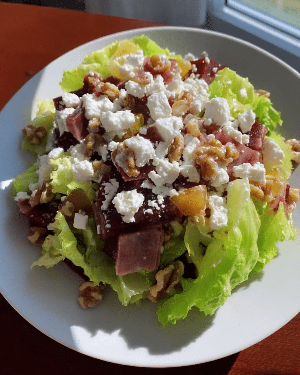 Close-up of a hand drizzling balsamic vinegar over Beet and Goat Cheese Salad.