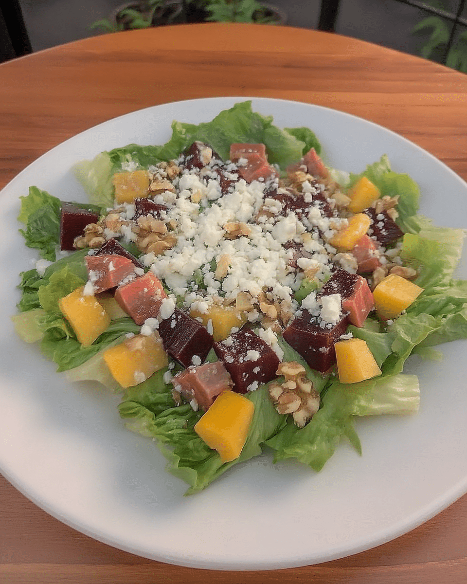 Beet and Goat Cheese Salad served alongside grilled chicken.