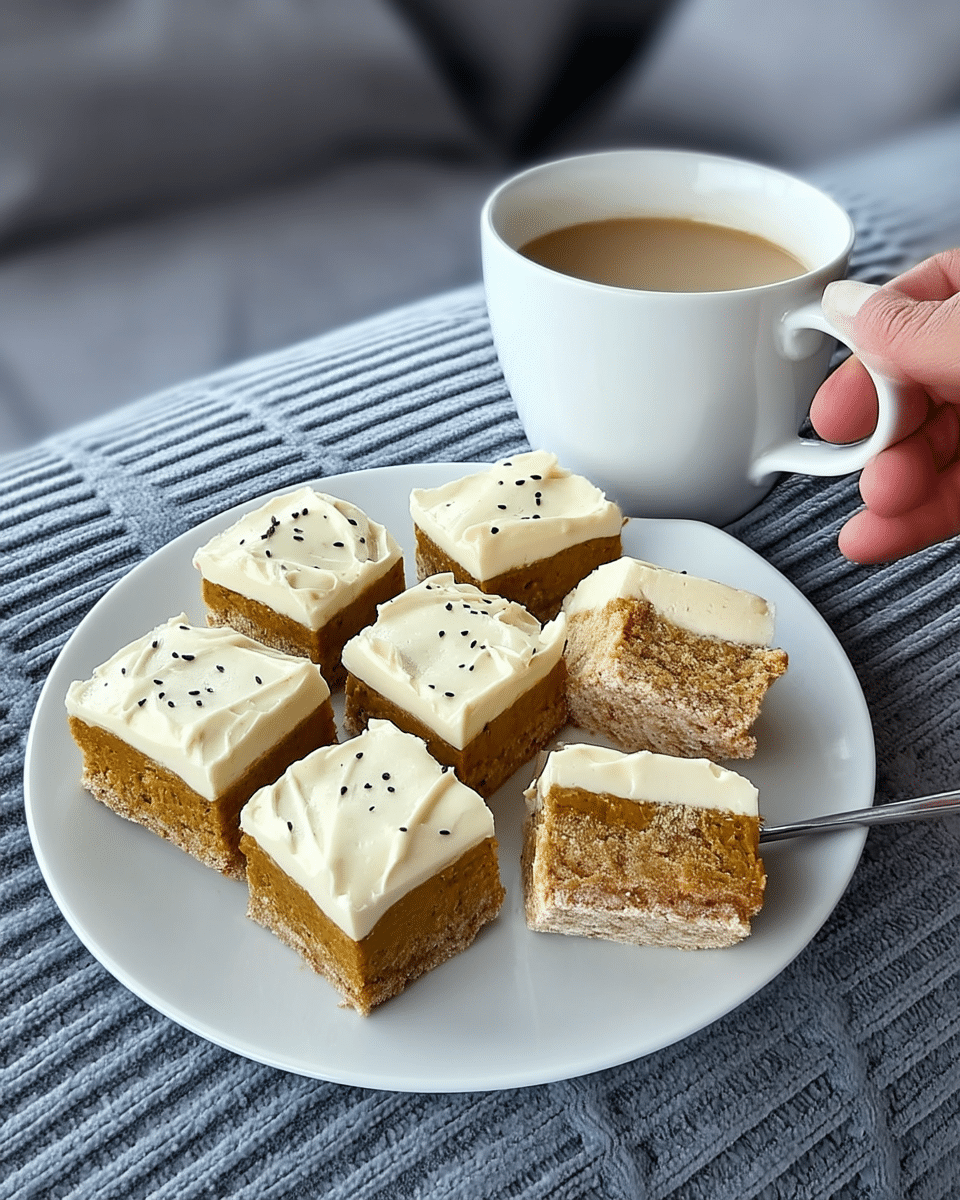 A plate of pumpkin blondies served with a scoop of vanilla ice cream.