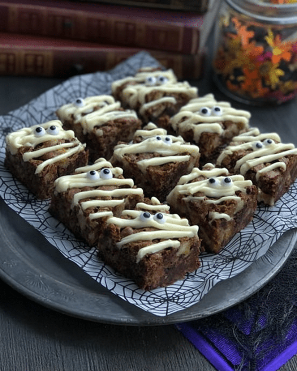 Spooky Mummy Brownies plated on a Halloween-themed platter.