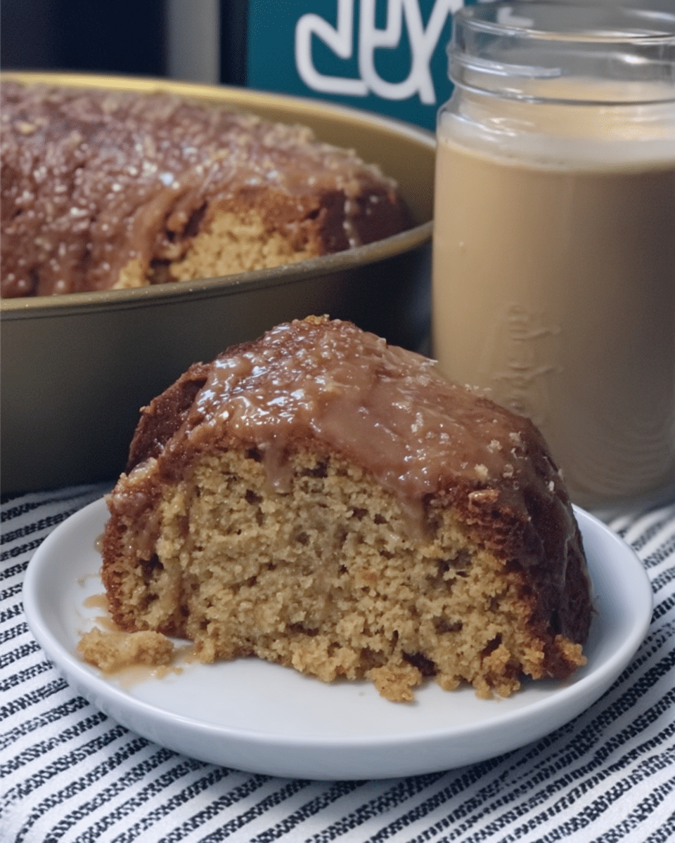 A slice of pumpkin coffee cake served with a cup of coffee.