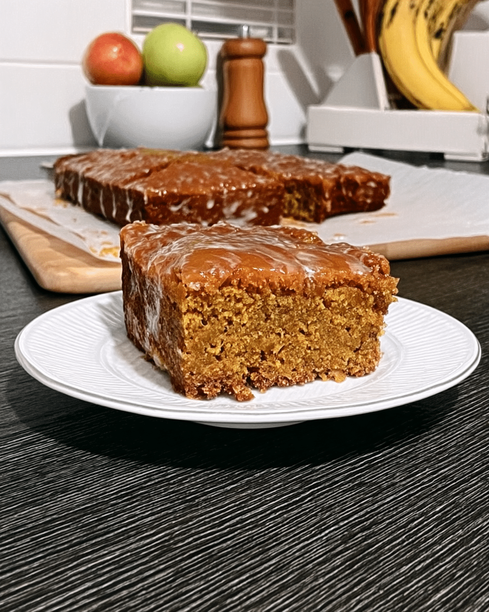 A slice of pumpkin coffee cake served with a cup of coffee.