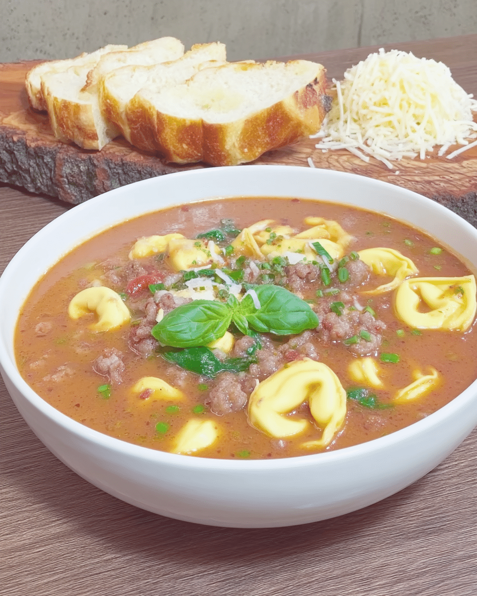 A hearty bowl of Crock-Pot Olive Garden Pasta e Fagioli copycat recipe, garnished with fresh parsley, with breadsticks alongside.