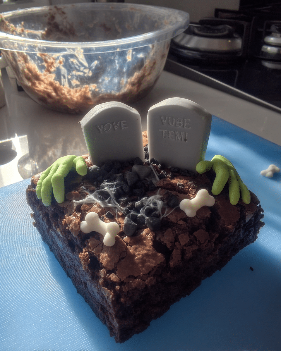 A hand decorating Graveyard Brownies with candy.