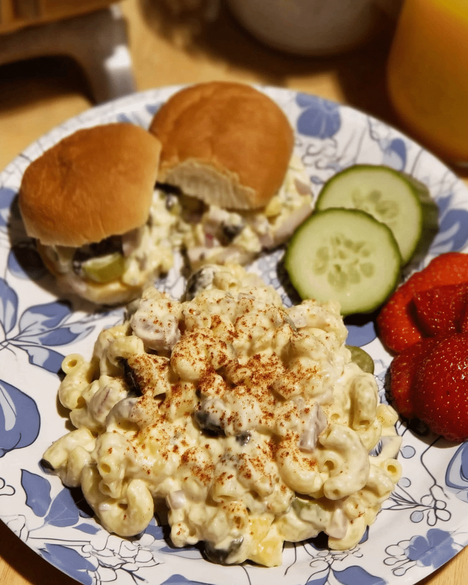 Close-up of hands mixing the deviled egg pasta salad dressing.