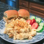 Deviled Egg Pasta Salad in a bowl, ready to serve.