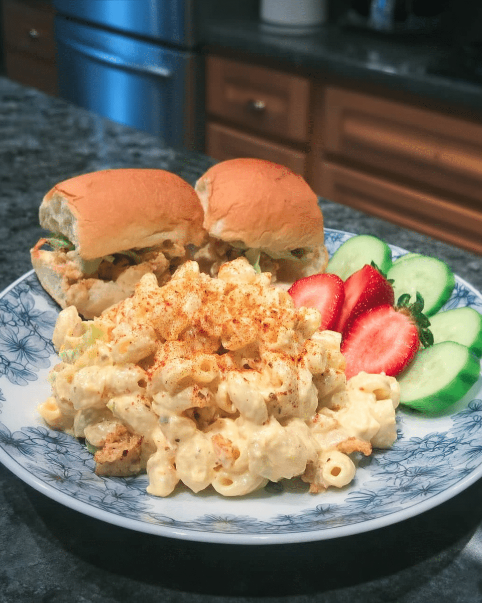 Deviled Egg Pasta Salad in a bowl, ready to serve.