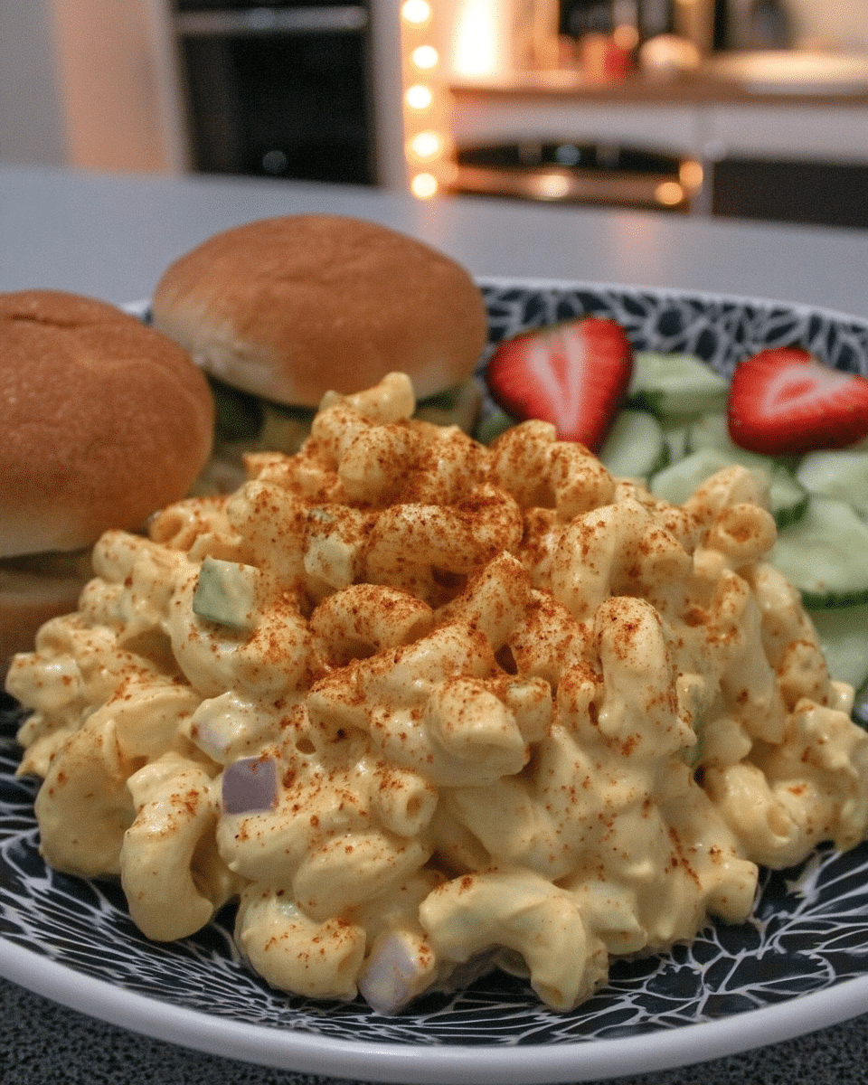 Ingredients for Deviled Egg Pasta Salad arranged on a table.
