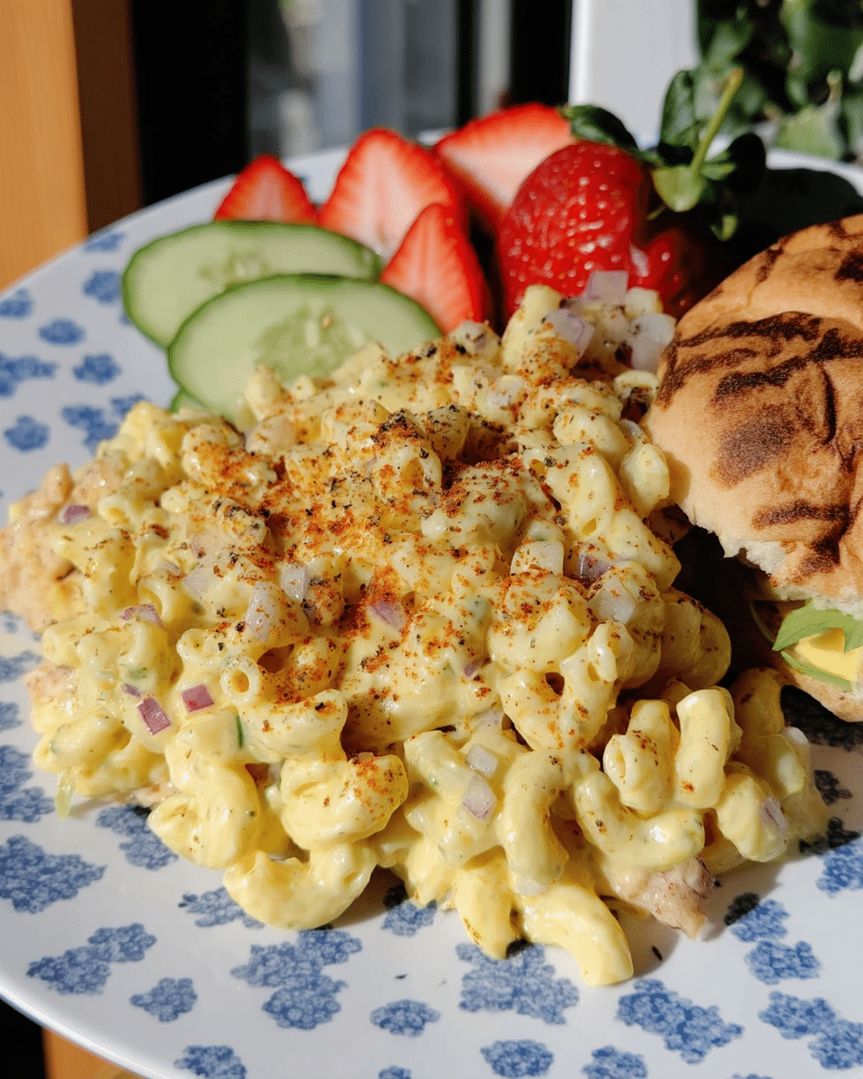 Deviled Egg Pasta Salad served alongside grilled chicken and other side dishes.