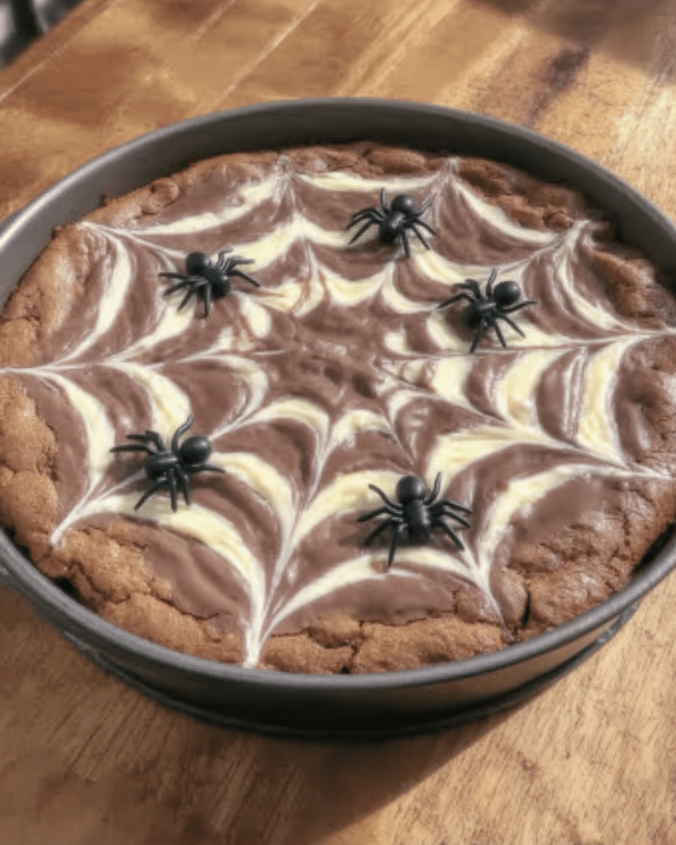 A hand using a toothpick to swirl white chocolate into a spiderweb design.