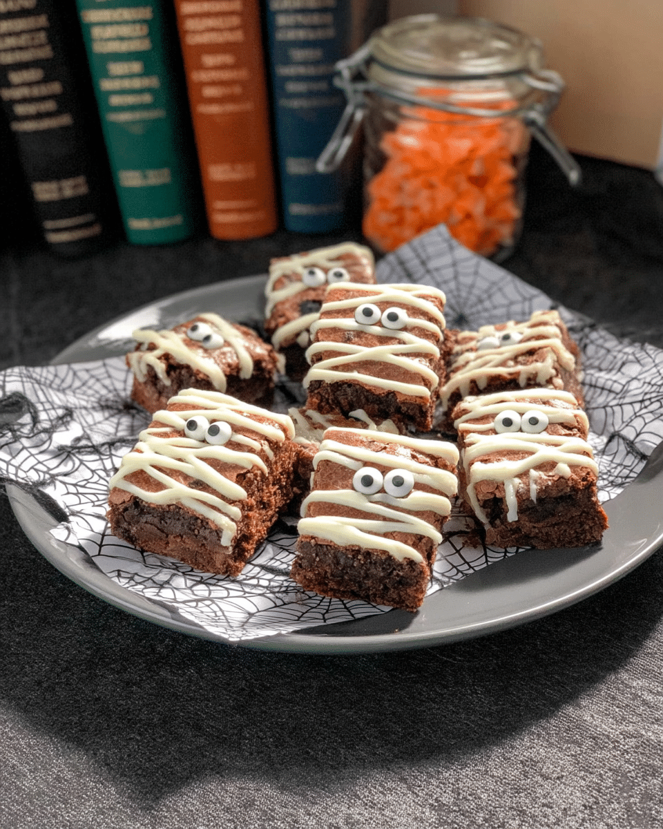 Close-up of a hand drizzling white chocolate onto a mummy brownie.