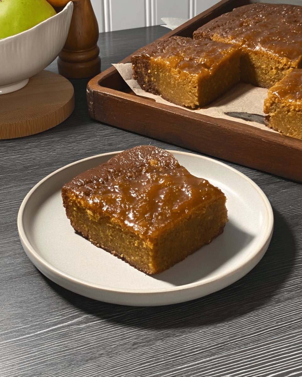 A hand holding a perfectly cut Easy Pumpkin Brownie.