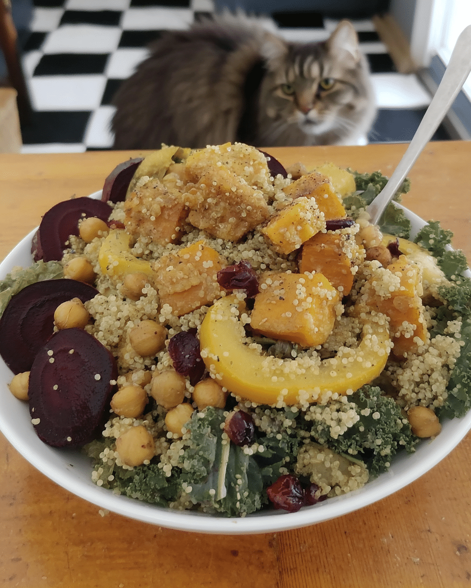 A colorful close-up of the finished Fall Harvest Pasta Salad