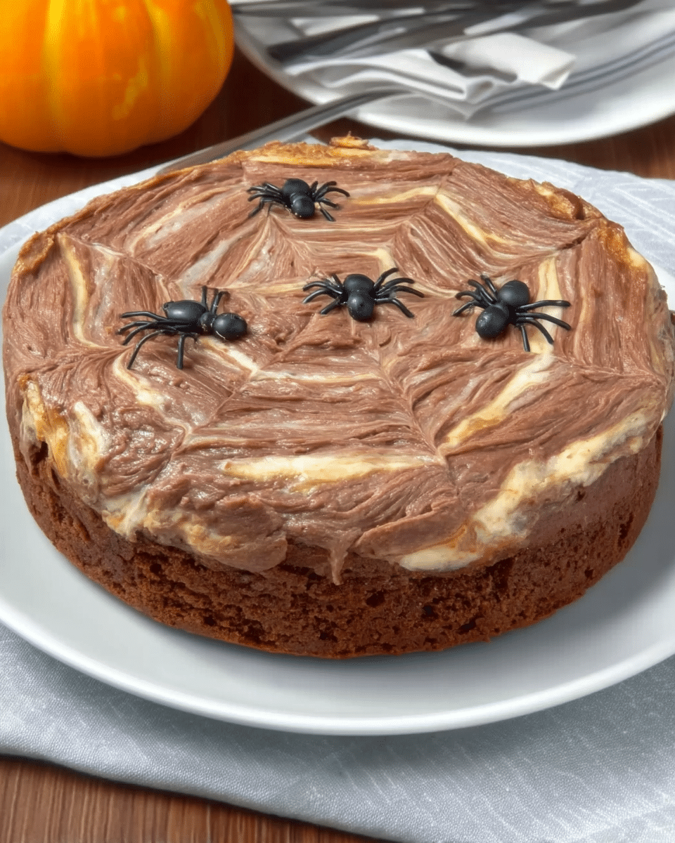 White Chocolate Spiderweb Brownies on a platter, ready to serve.