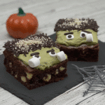 A close-up of a Frankenstein Brownie, highlighting the decorating details.