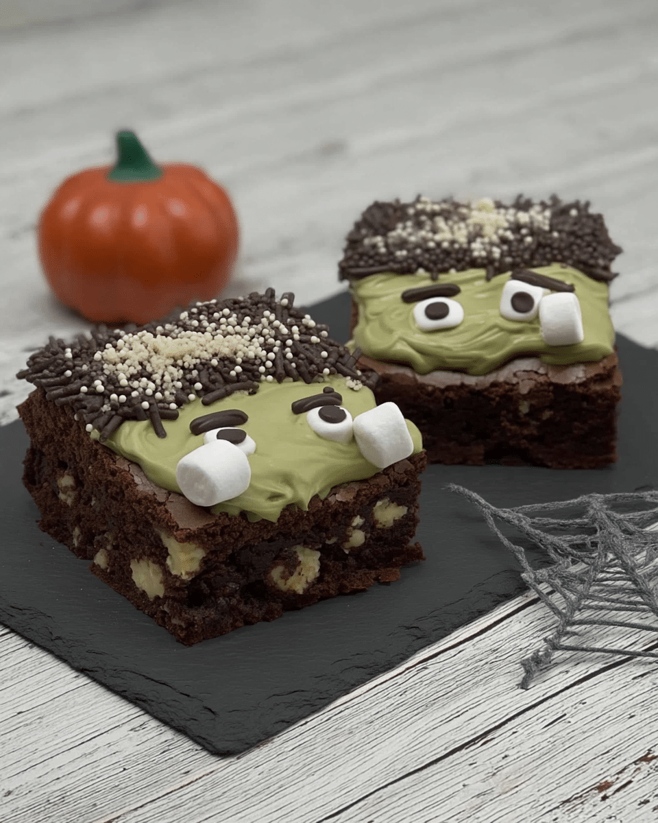 A close-up of a Frankenstein Brownie, highlighting the decorating details.
