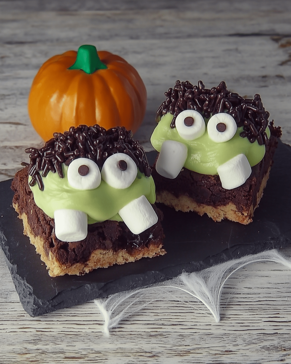 Frankenstein Brownies arranged on a platter.