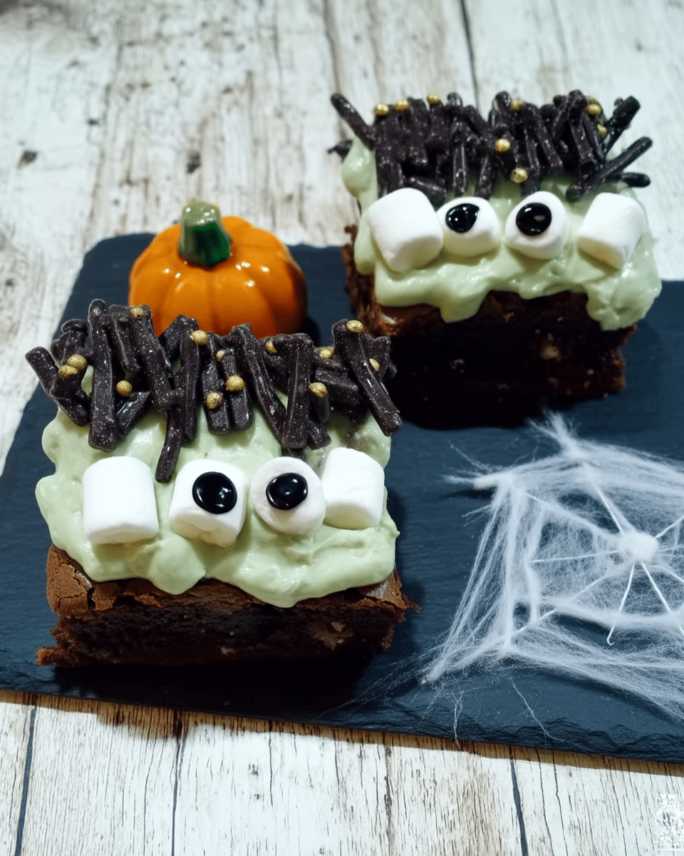 Frankenstein Brownies served on a spooky Halloween-themed plate.