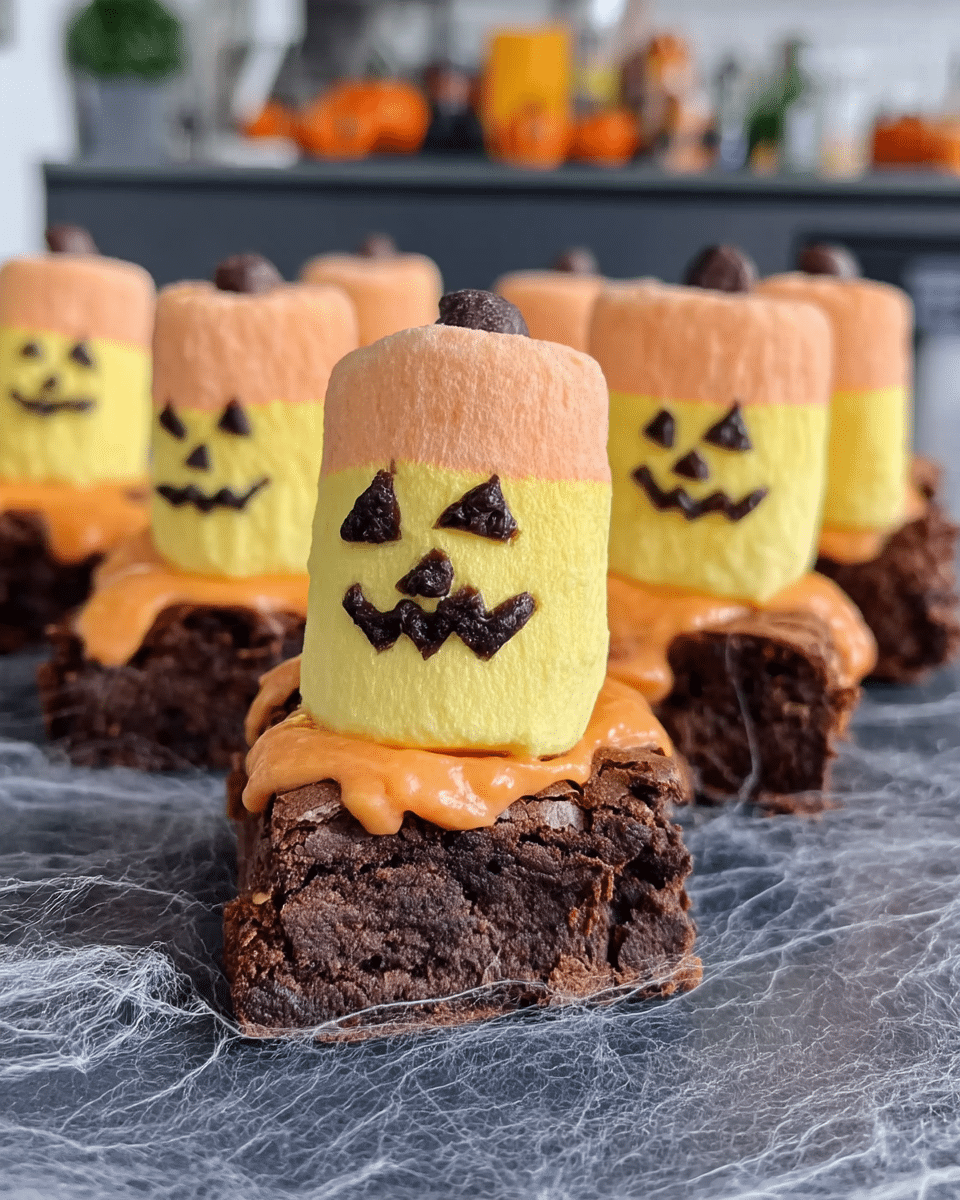 A hand piping black frosting onto a Jack-o'-Lantern Brownie.