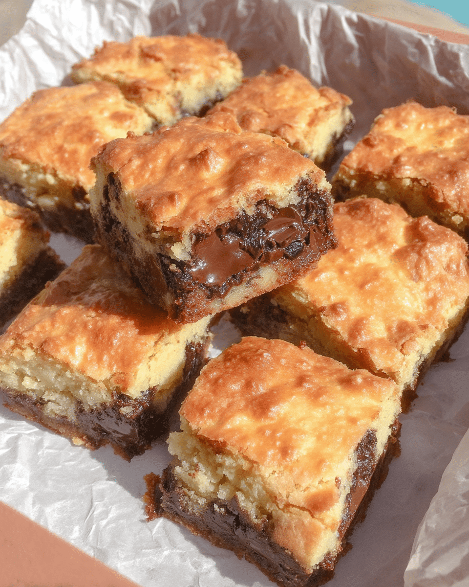 A batch of freshly baked pumpkin bars with chocolate chips on a baking sheet.