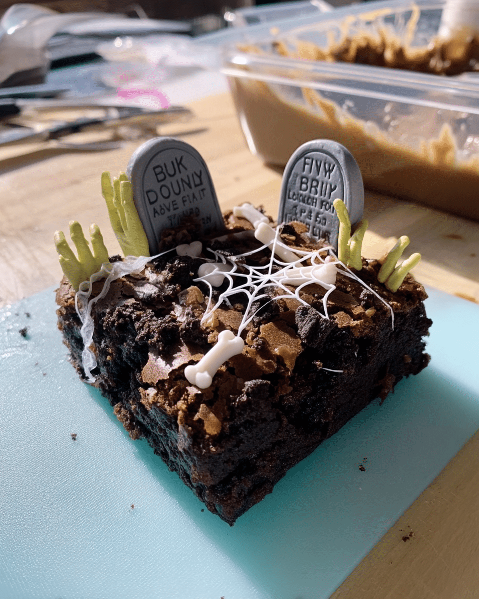 Delicious Graveyard Brownies arranged on a plate.