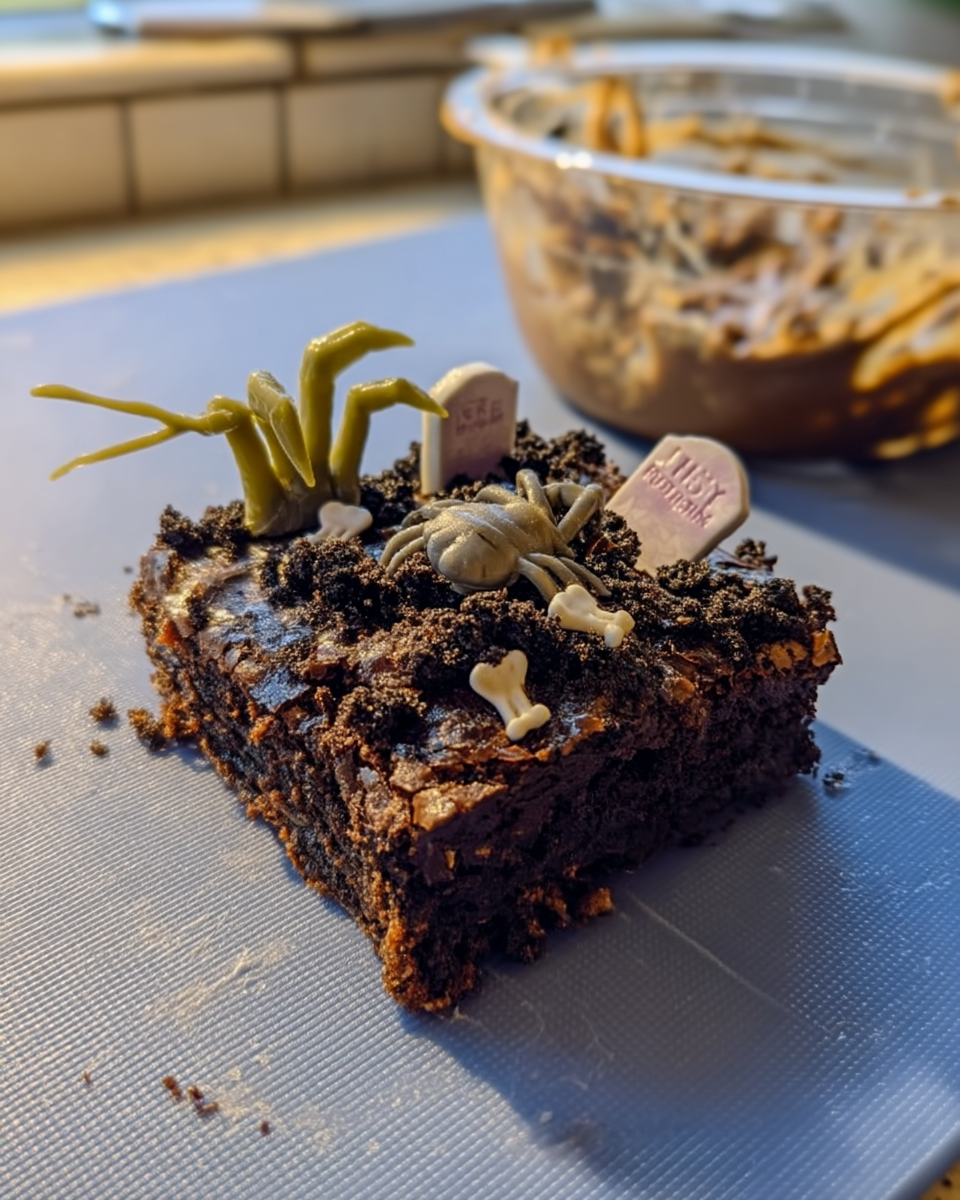 Graveyard Brownies served on a platter with a scoop of ice cream.